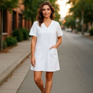 Women Scrub Dress Wrap Short Sleeve V-Neck Casual Dress With Pockets White Small